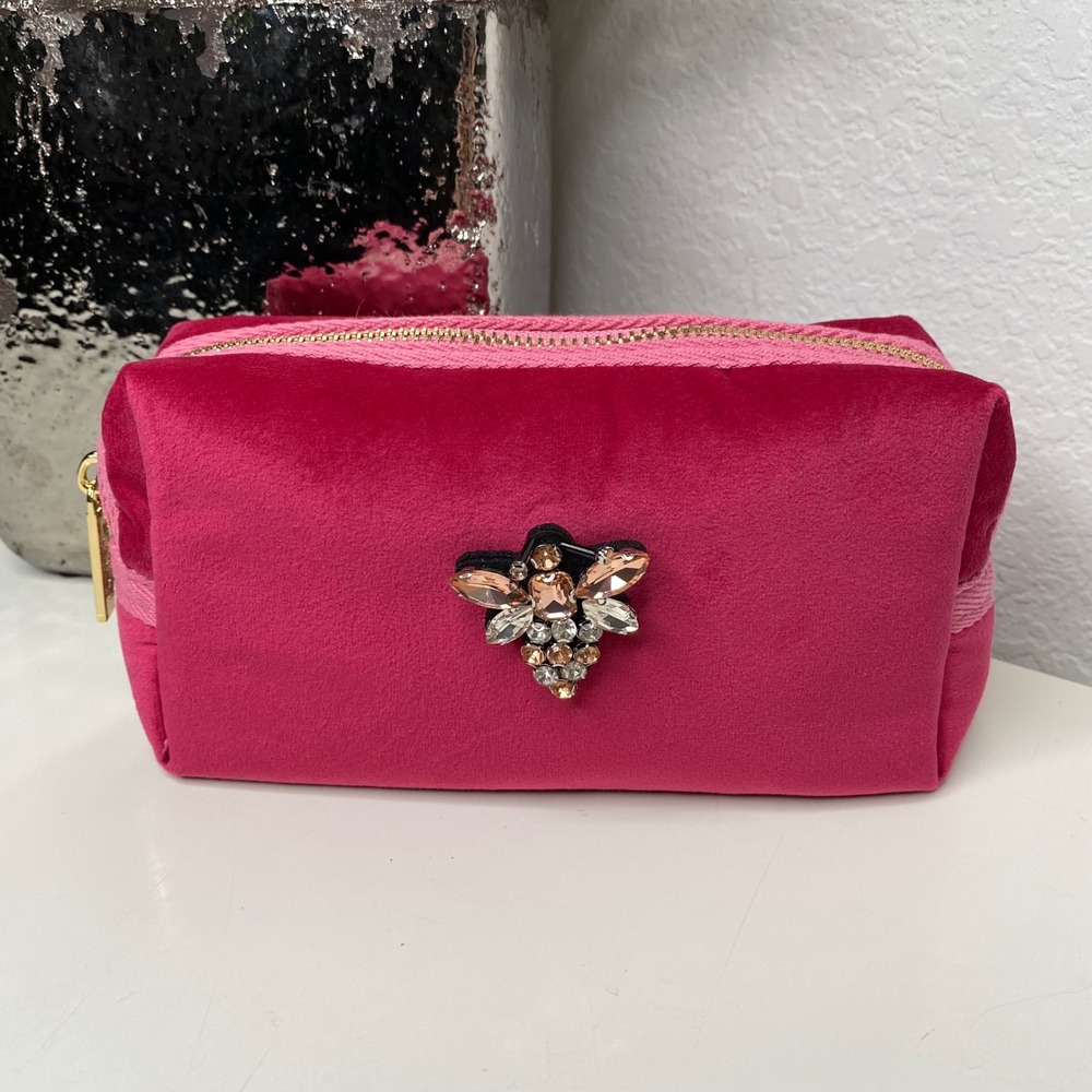 Sixton London Pink Velvet Crystal Bee Pin Embellished‎ Makeup Cosmetic Bag Pouch
